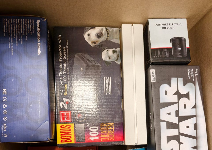 A real box of electronics packed at the AmazeDeals warehouse in Kitchener, Ontario — Mystery Box Canada | AmazeDeals