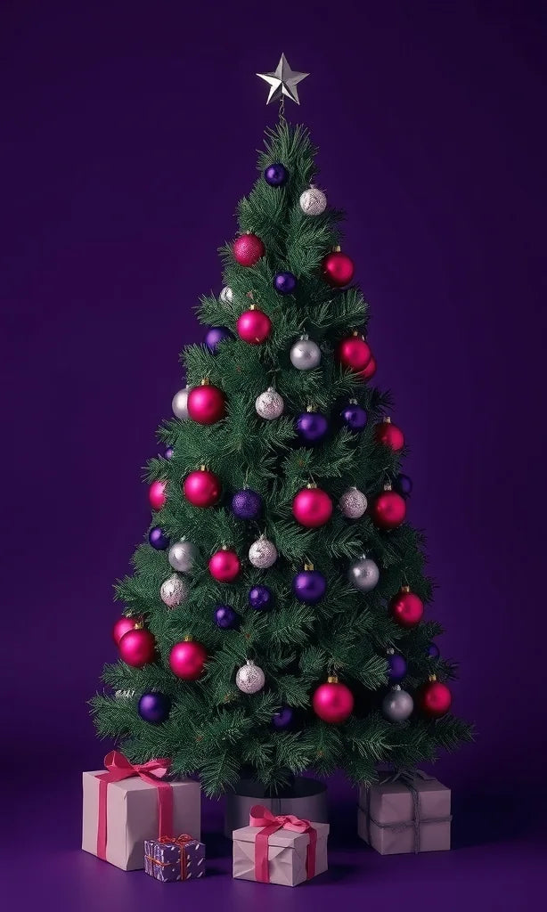 A real Christmas tree decorated in pink and purple, with wrapped gifts underneath